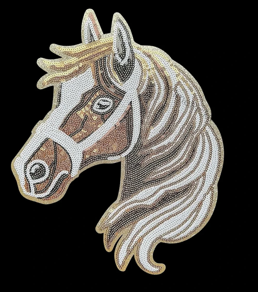 Sequin Horse Head Iron-On Patch 10x8.5 Large Equestrian Applique DIY Craft